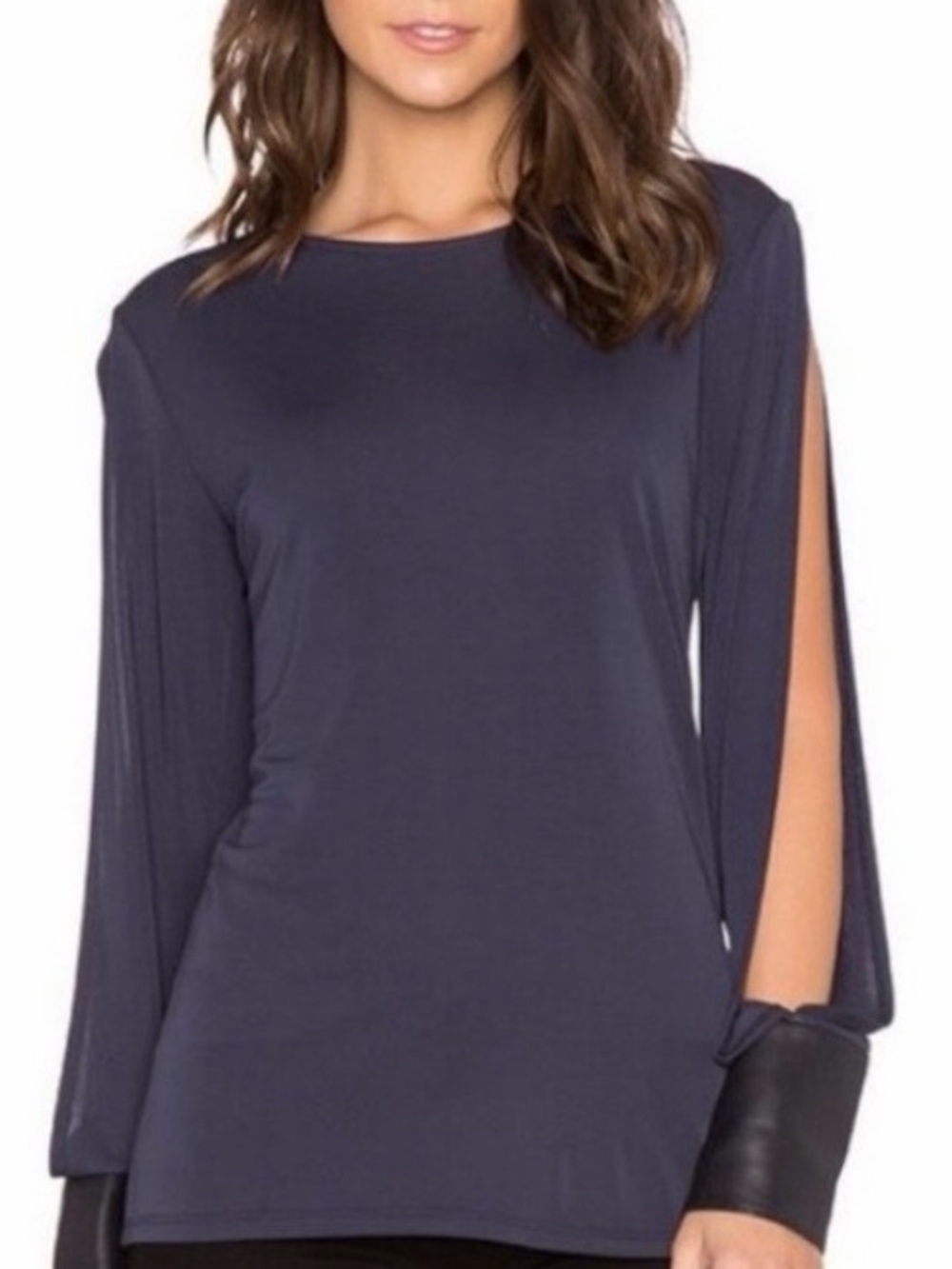 BAILEY44 Indigo Split-Sleeve top w/faux leather cuffs NWT ! size Large
